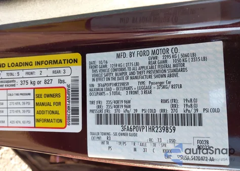 2017 Ford Fusion Sport из США, поврежденный, VIN 3FA6P0VP1HR239859